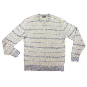 Henry Jacobson VTG 100% Linen Sweater Mens L Beige Blue Check Crewneck Hong Kong